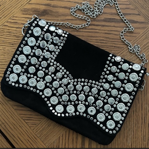 Vintage Black Suede and Silver Studded Crossbody Clutch - Picture 1 of 11